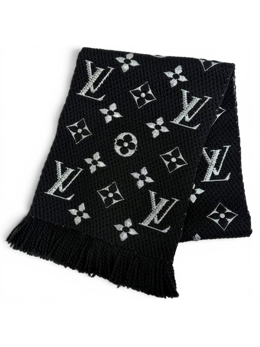Louis Vuitton Logomania Scarf Shine Wool Silk Monogram Fringe Black